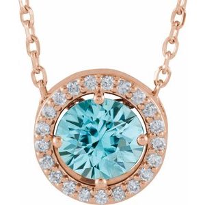 14K Rose Natural Blue Zircon & .05 CTW Natural Diamond Halo-Style 16" Necklace