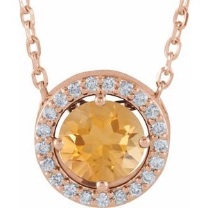 14K Rose Natural Citrine & .05 CTW Natural Diamond Halo-Style 16" Necklace