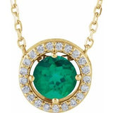 14K Yellow Lab-Grown Emerald & .05 CTW Natural Diamond Halo-Style 16" Necklace