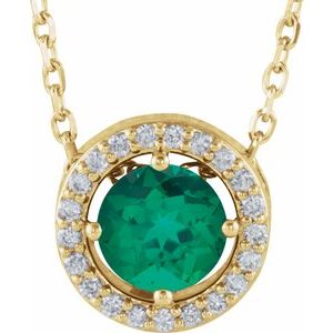 14K Yellow Lab-Grown Emerald & .05 CTW Natural Diamond Halo-Style 16" Necklace
