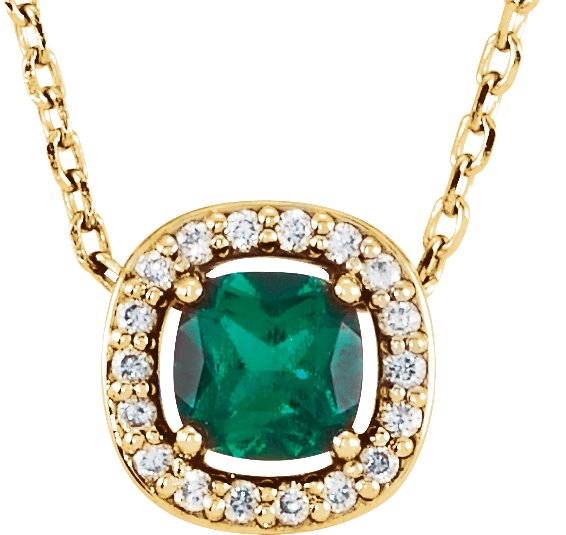 14K Yellow Gold Lab-Grown Emerald & .05 CTW Natural Diamond 16" Necklace