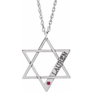 14K White Personalized Imitation Ruby Star of David 18" Necklace