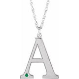 14K White Engravable Imitation Emerald Initial A 18" Necklace