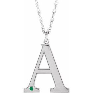 14K White Engravable Imitation Emerald Initial A 18" Necklace