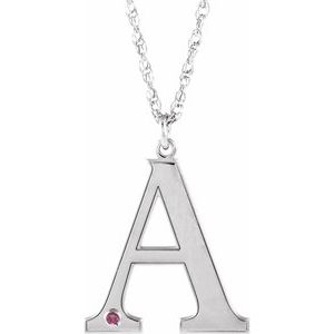 Rhodium-Plated Sterling Silver Engravable Imitation Pink Tourmaline Initial A 18" Necklace