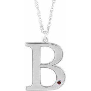 14K White Engravable Imitation Mozambique Garnet Initial B 18" Necklace
