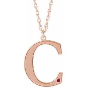 14K Rose Engravable Imitation Ruby Initial C 18" Necklace