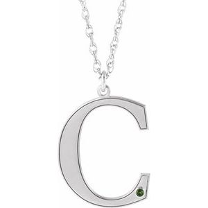 14K White Engravable Imitation Peridot Initial C 18" Necklace