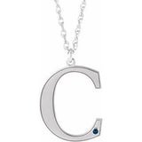 Rhodium-Plated Sterling Silver Engravable Imitation Blue Sapphire Initial C 18" Necklace