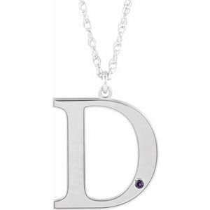 Rhodium-Plated Sterling Silver Engravable Imitation Alexandrite Initial D 18" Necklace