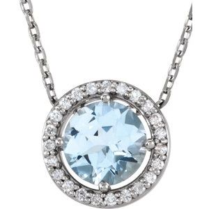 14K White Natural Aquamarine & .05 CTW Natural Diamond Halo-Style 16" Necklace