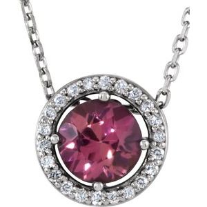 14K White Natural Pink Tourmaline & .05 CTW Natural Diamond Halo-Style 16" Necklace