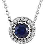 14K White Gold Natural Blue Sapphire & .05 CTW Natural Diamond Halo-Style 16" Necklace
