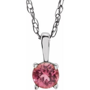 14K White 3 mm Imitation Pink Tourmaline Youth Solitaire 14" Necklace