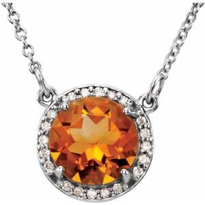 14K White 8 mm Natural Citrine & .05 CTW Natural Diamond 16" Necklace