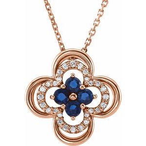 14K Rose Natural Blue Sapphire & 1/10 CTW Natural Diamond Clover 18" Necklace
