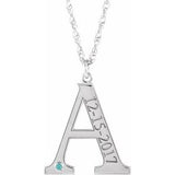 14K White Engravable Imitation Blue Zircon Initial A 18" Necklace