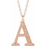 14K Rose Engravable Imitation Blue Zircon Initial A 18" Necklace
