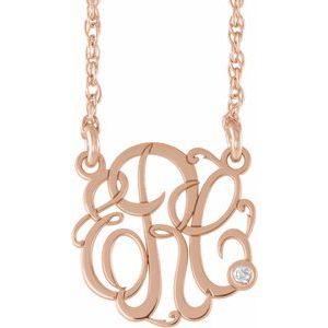 14K Rose 30 mm 3 Initials .02 CT Natural Diamond Script Monogram 18" Necklace