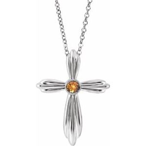 14K White Natural Citrine Cross 16-18" Necklace