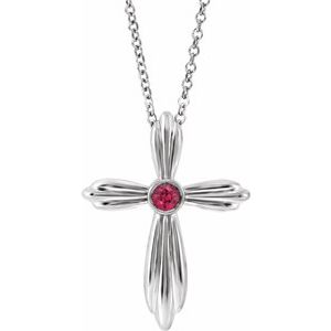14K White Lab-Grown Ruby Cross 16-18" Necklace
