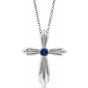 14K White Lab-Grown Blue Sapphire Cross 16-18" Necklace
