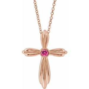 14K Rose Natural Pink Tourmaline Cross 16-18" Necklace