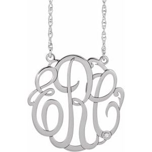 Rhodium-Plated Sterling Silver 30 mm 3 Initials .02 CT Natural Diamond Script Monogram 18" Necklace
