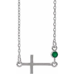 14K White Natural Emerald Sideways Cross 16-18" Necklace