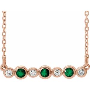 14K Rose Natural Emerald & .08 CTW Natural Diamond Bezel Set 16-18" Necklace
