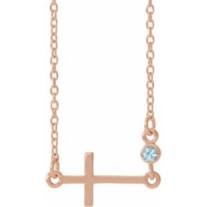 14K Rose Natural Blue Zircon Sideways Cross 16-18" Necklace