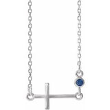 14K White Natural Blue Sapphire Sideways Cross 16-18" Necklace