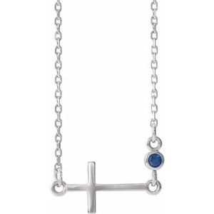 14K White Natural Blue Sapphire Sideways Cross 16-18" Necklace