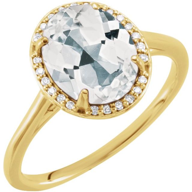 14K Yellow 10x8 mm Oval White Topaz & .06 CTW Diamond Ring