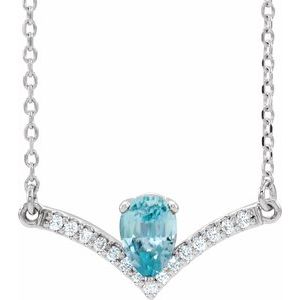 14K White Natural Blue Zircon & .06 CTW Natural Diamond 18" Necklace