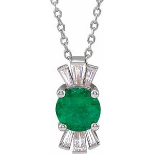 14K White Natural Emerald & 1/6 CTW Natural Diamond 16-18" Necklace