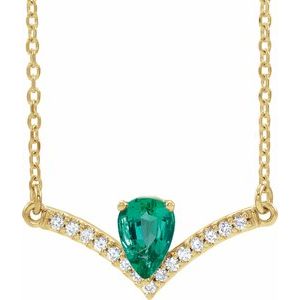 14K Yellow Lab-Grown Emerald & .06 CTW Natural Diamond 16" Necklace