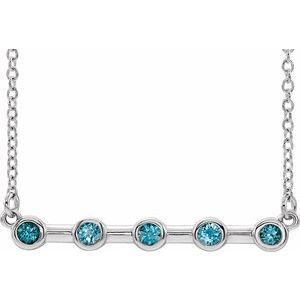 14K White Natural Blue Zircon Bezel Set Bar 16" Necklace