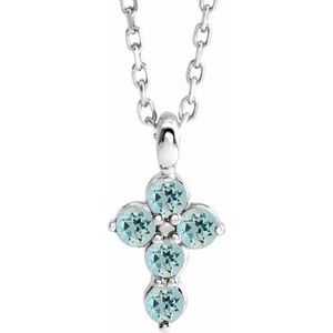 14K White Natural Aquamarine Cross 16-18" Necklace