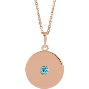 14K Rose Natural Blue Zircon Disc 16-18" Necklace