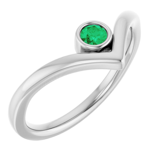 14K White Lab-Grown Emerald Bezel Set V Ring