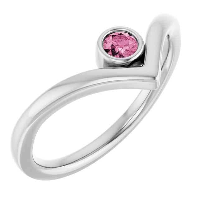 14K White Natural Pink Tourmaline Bezel Set V Ring