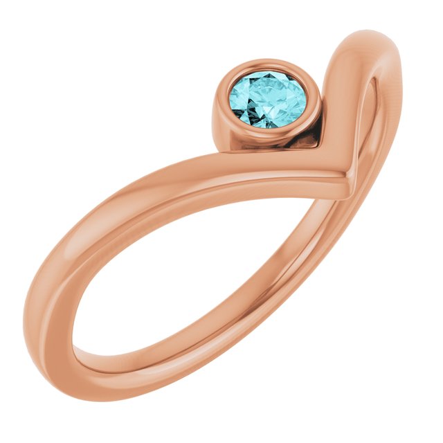 14K Rose Natural Blue Zircon Bezel Set V Ring