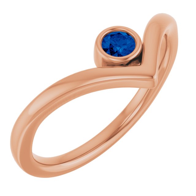 14K Rose Natural Blue Sapphire Bezel Set V Ring