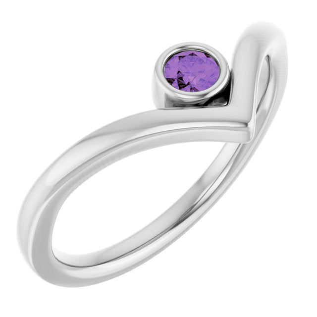 14K White Natural Amethyst Bezel Set V Ring