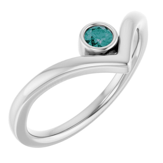 14K White Lab-Grown Alexandrite Bezel Set V Ring