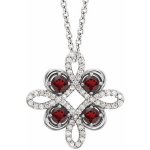 14K White Natural Mozambique Garnet & 1/6 CTW Natural Diamond Clover 18" Necklace