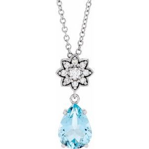 14K White Natural Aquamarine & .08 CTW Natural Diamond 16-18" Necklace
