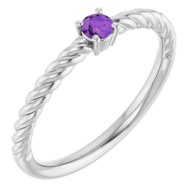 Sterling Silver 3mm Natural Amethyst Solitaire Rope Ring