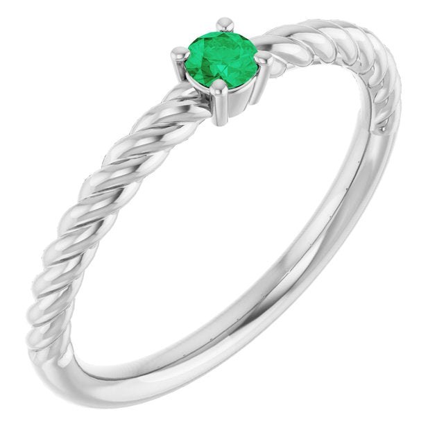 14K White 3mm Natural Emerald Solitaire Rope Ring
